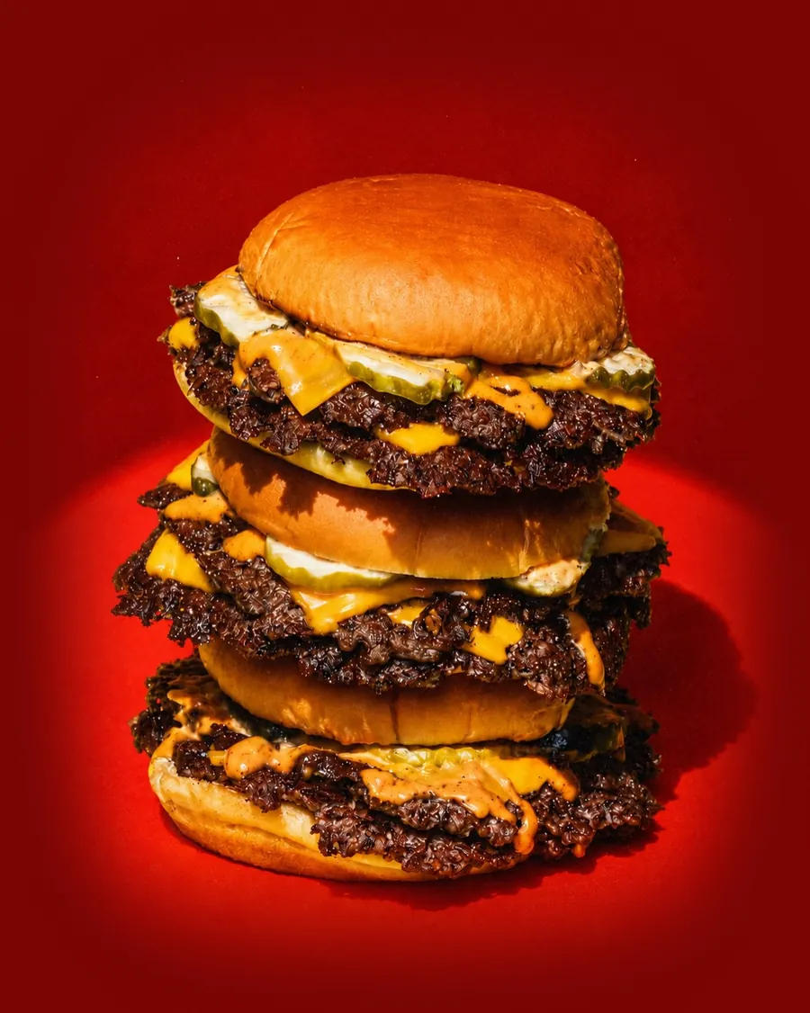 Stacked burgers with cheese and sauce on a red backdrop